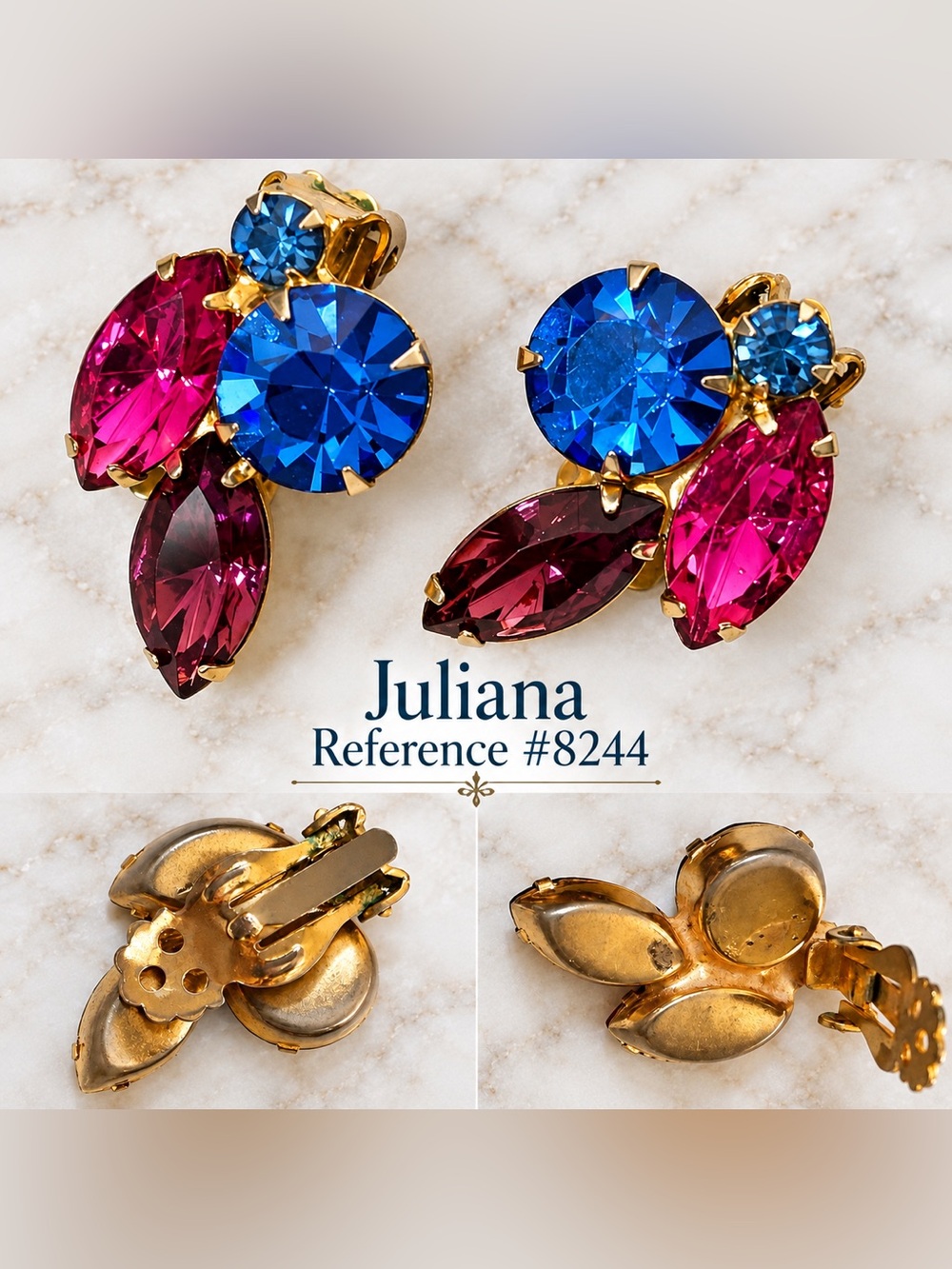 Authentic Juliana Blue and Fuchsia Crystal Clip Earrings #8244